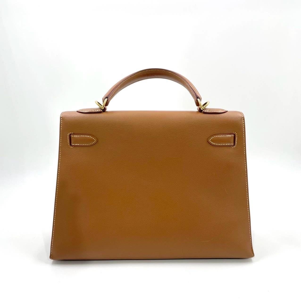 Brown Hermes Kelly 32 Sellier Gold Epsom Leather Gold HW Double Ring 2002