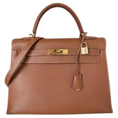 Hermes Kelly 32 Sellier Gold Epsom Leather Gold HW Double Ring 2002