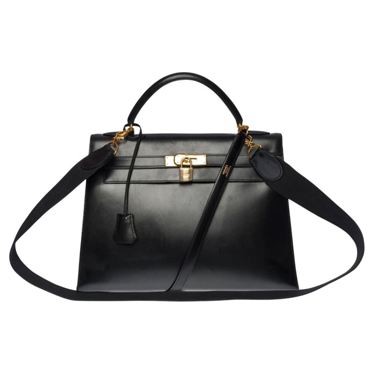 Hermès Kelly 32 sellier handbag double strap in black box calfskin leather,  GHW at 1stDibs