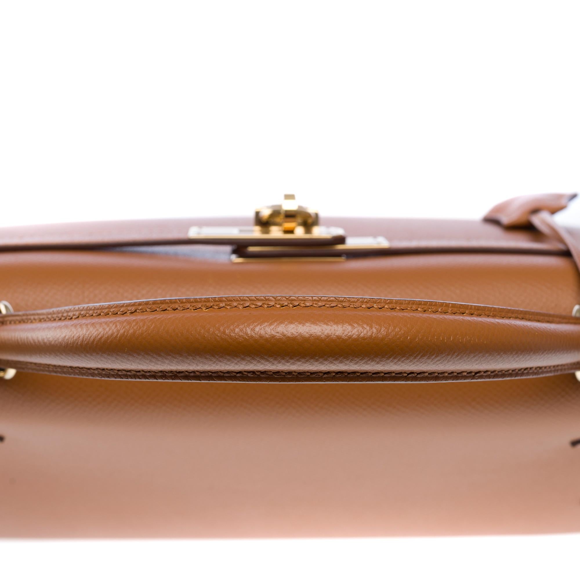 Hermès Kelly 32 sellier Handtaschenband (HSO) aus Camel & Orange Epsom Leder, GHW im Angebot 6