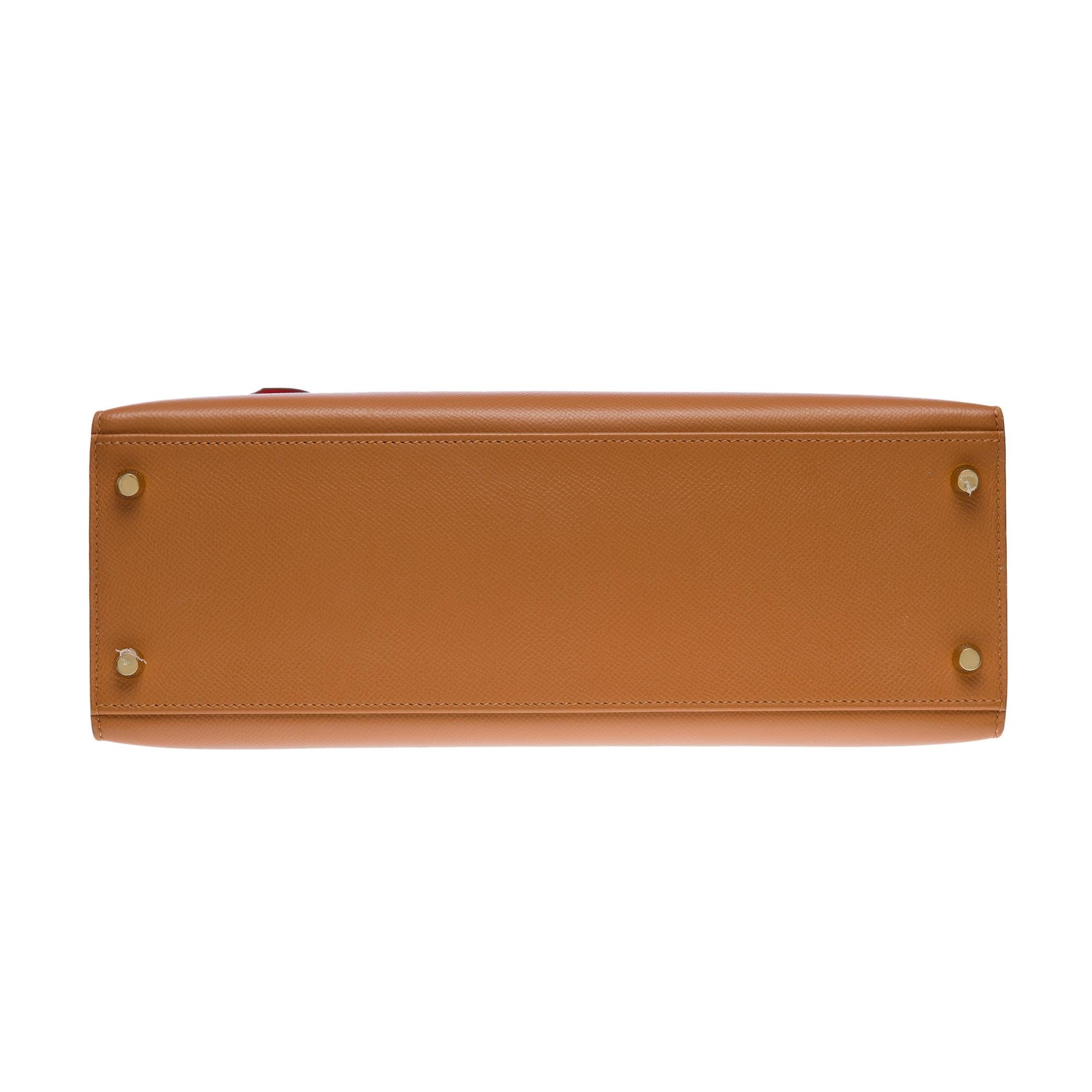 Hermès Kelly 32 sellier handbag strap (HSO) in Camel & Orange Epsom leather, GHW For Sale 7
