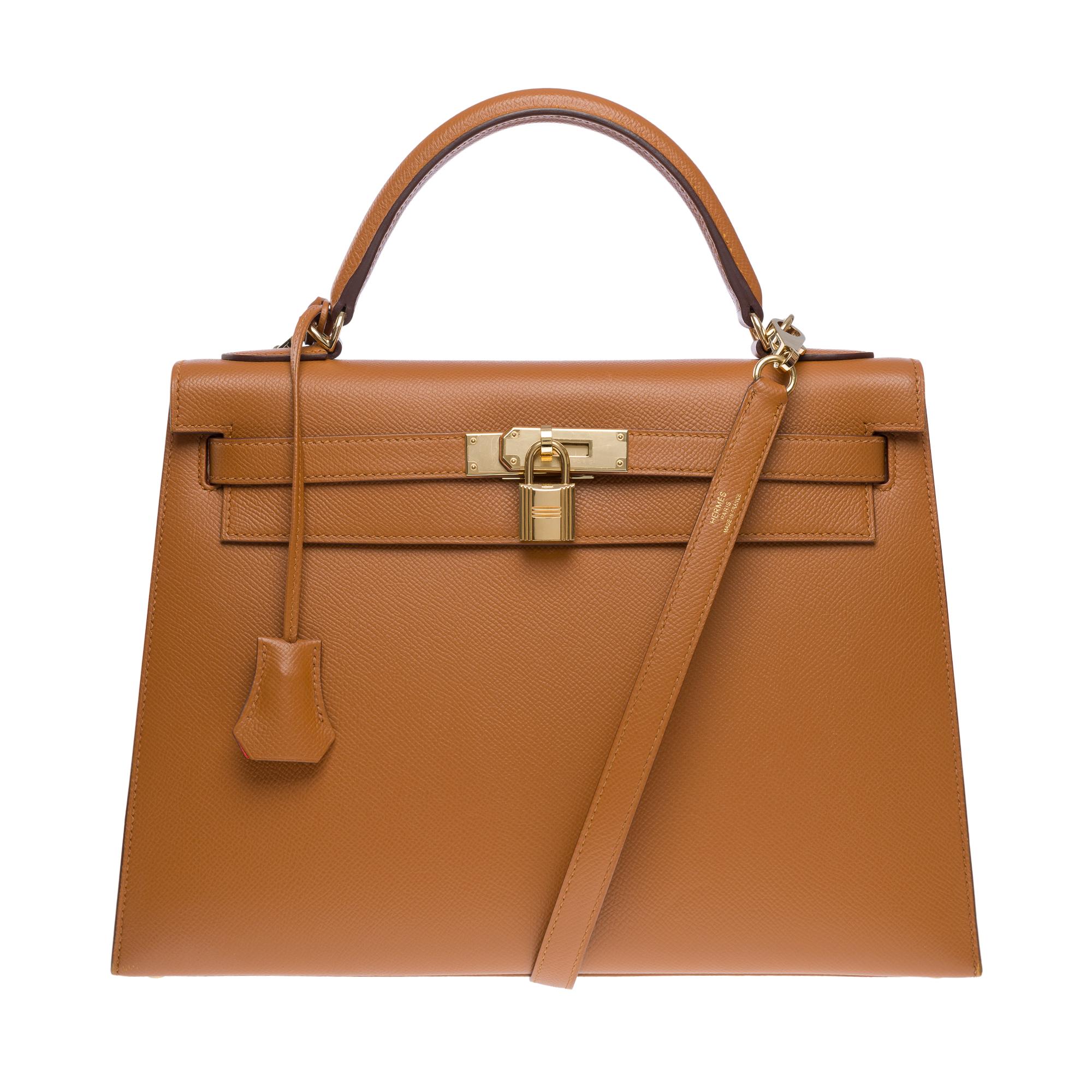 Hermès Kelly 32 sellier Handtaschenband (HSO) aus Camel & Orange Epsom Leder, GHW im Zustand „Hervorragend“ im Angebot in Paris, IDF