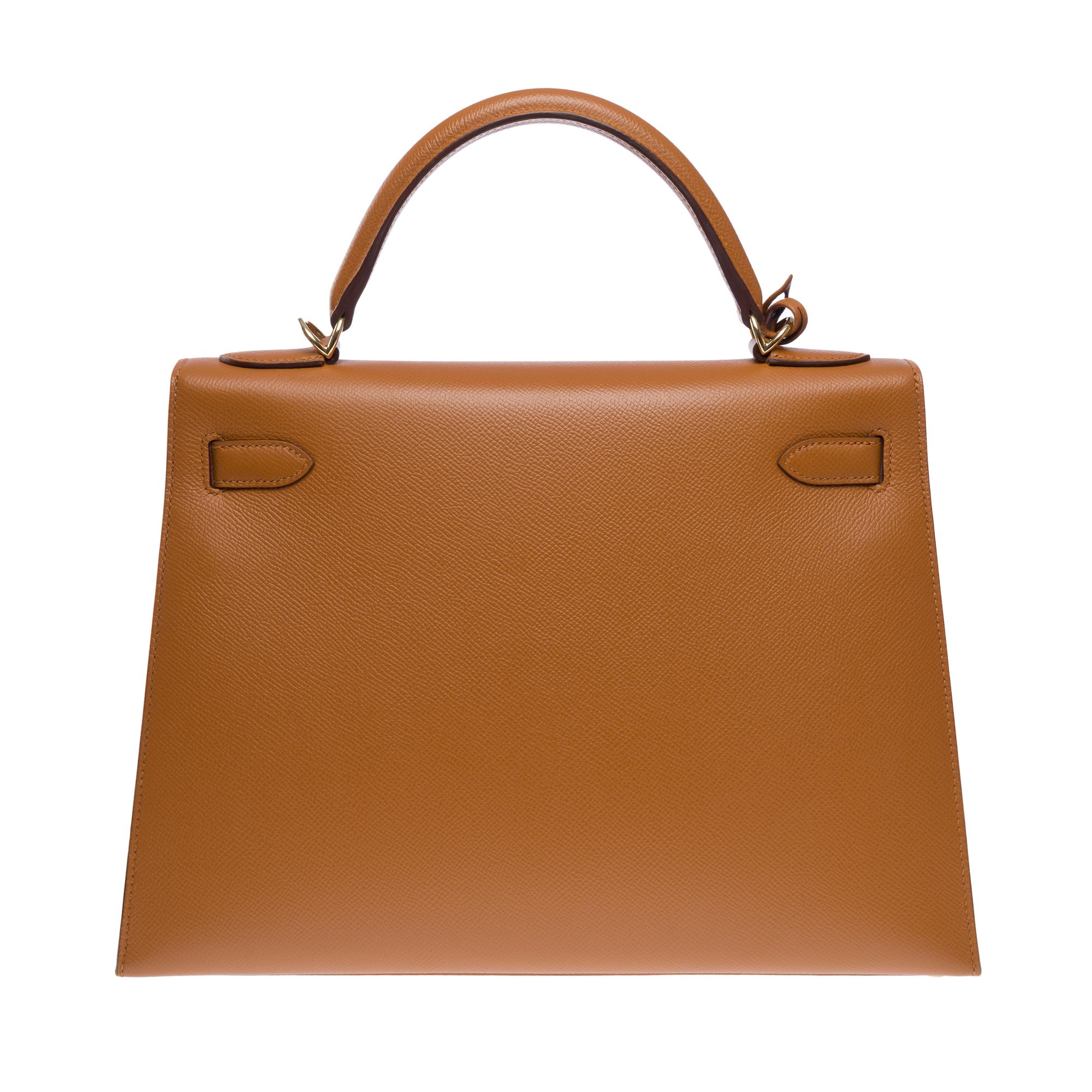 Hermès Kelly 32 sellier Handtaschenband (HSO) aus Camel & Orange Epsom Leder, GHW Damen im Angebot