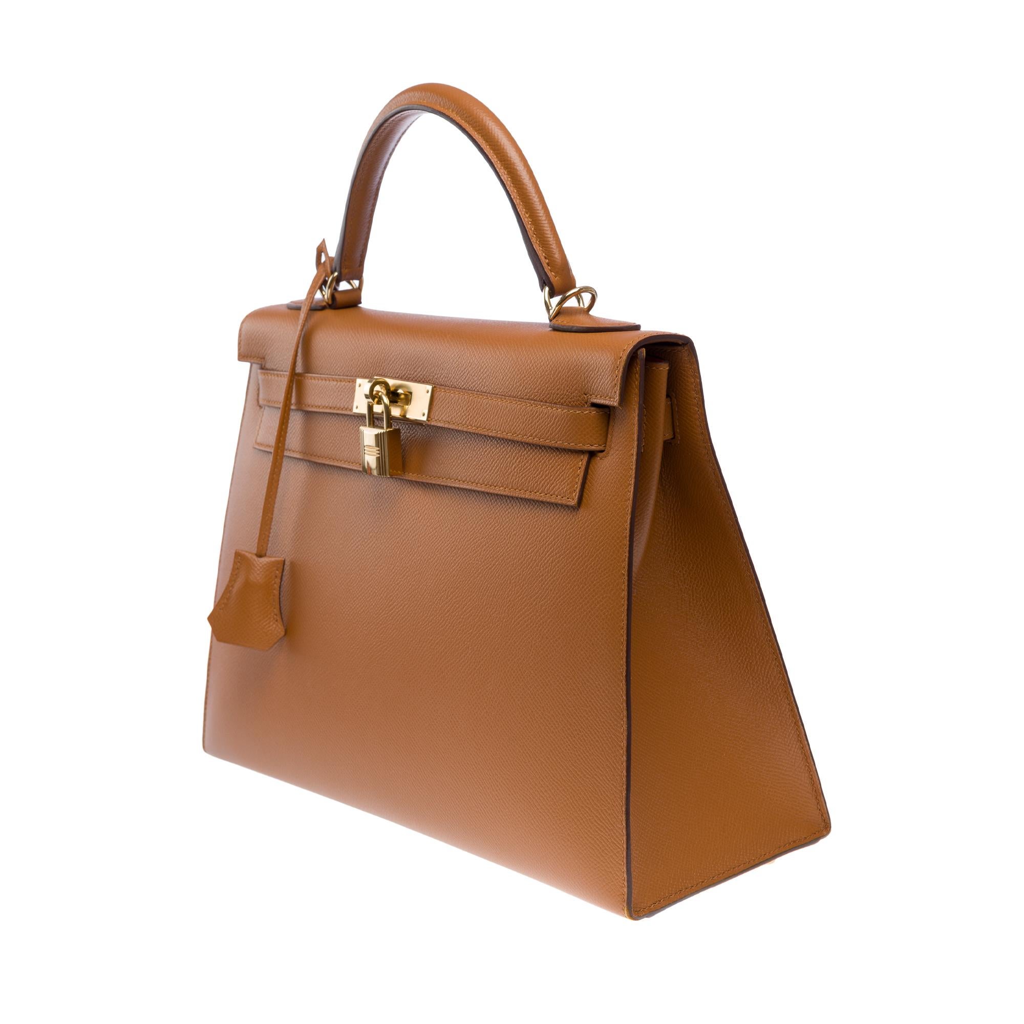 Hermès Kelly 32 sellier handbag strap (HSO) in Camel & Orange Epsom leather, GHW For Sale 1