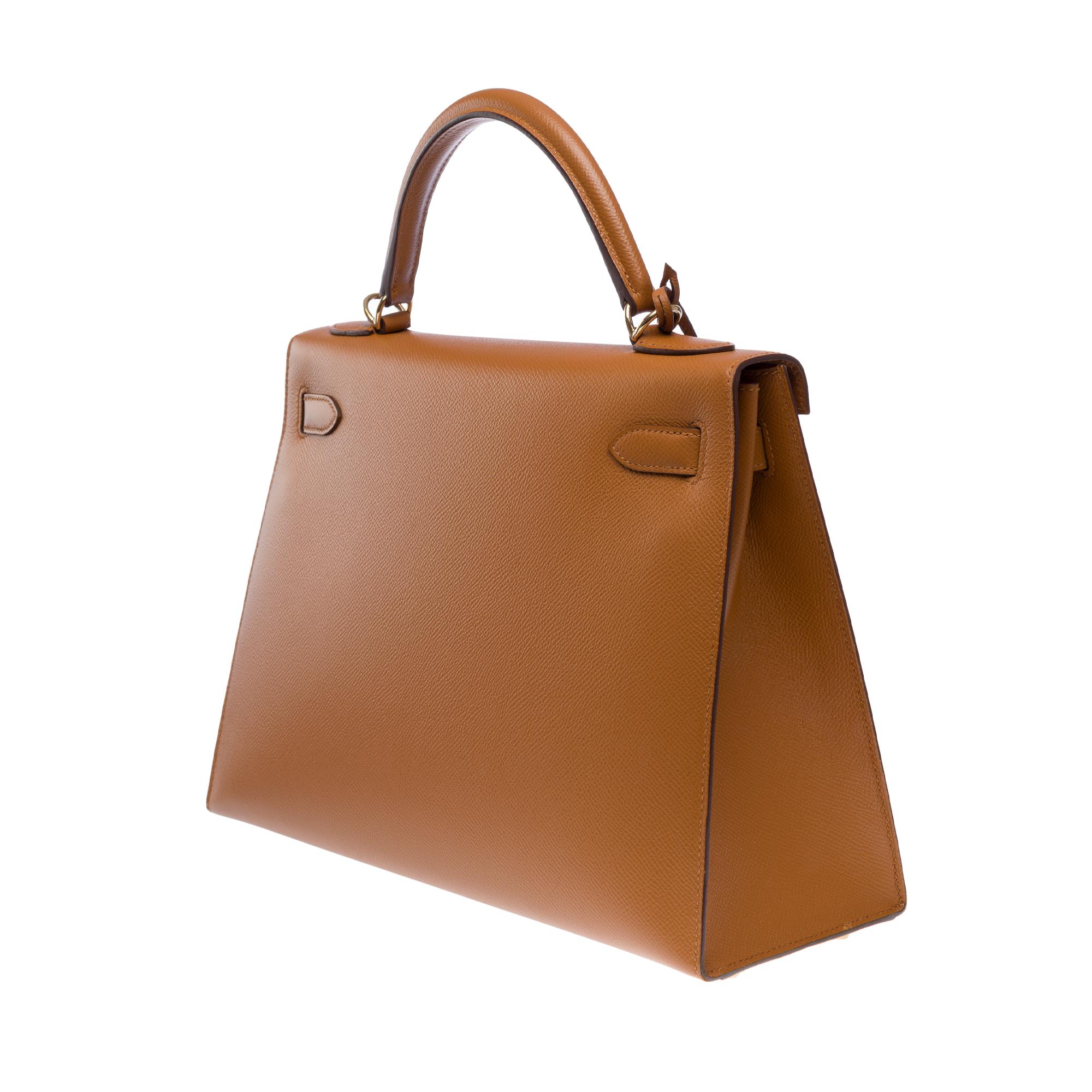 Lanière de sac à main Hermès Kelly 32 sellier (HSO) en cuir d'Epsom camel et orange, GHW en vente 1