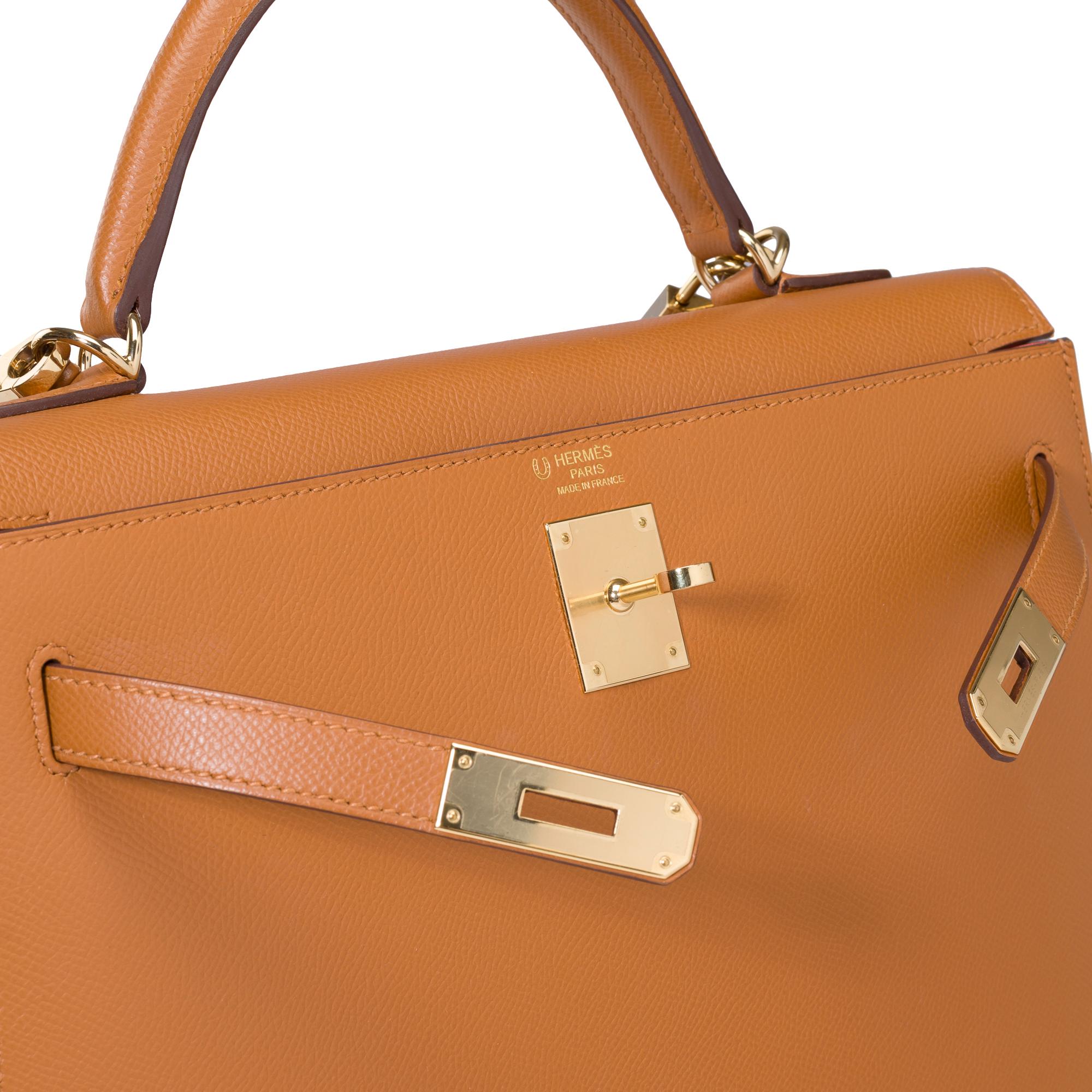 Lanière de sac à main Hermès Kelly 32 sellier (HSO) en cuir d'Epsom camel et orange, GHW en vente 2