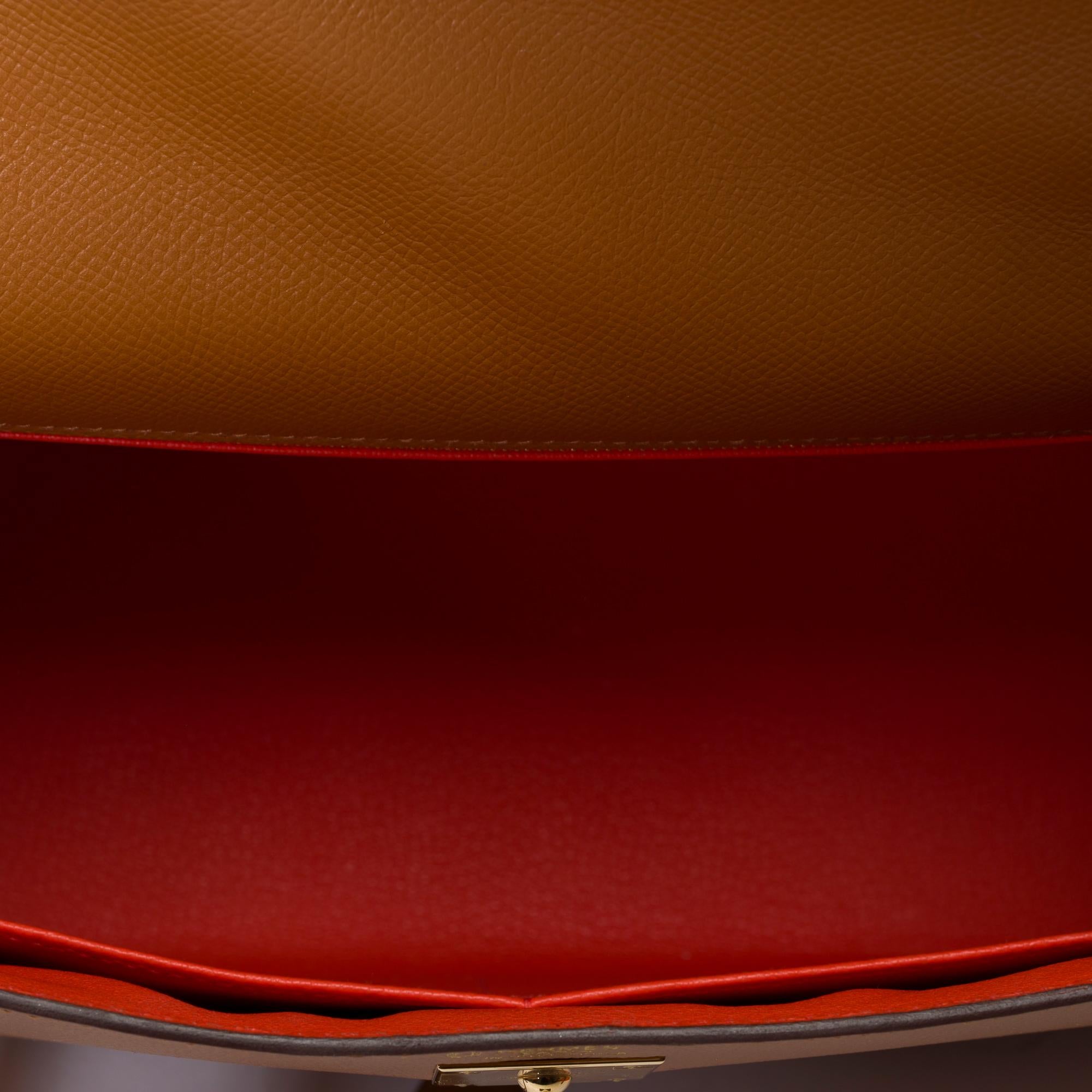Hermès Kelly 32 sellier handbag strap (HSO) in Camel & Orange Epsom leather, GHW For Sale 5