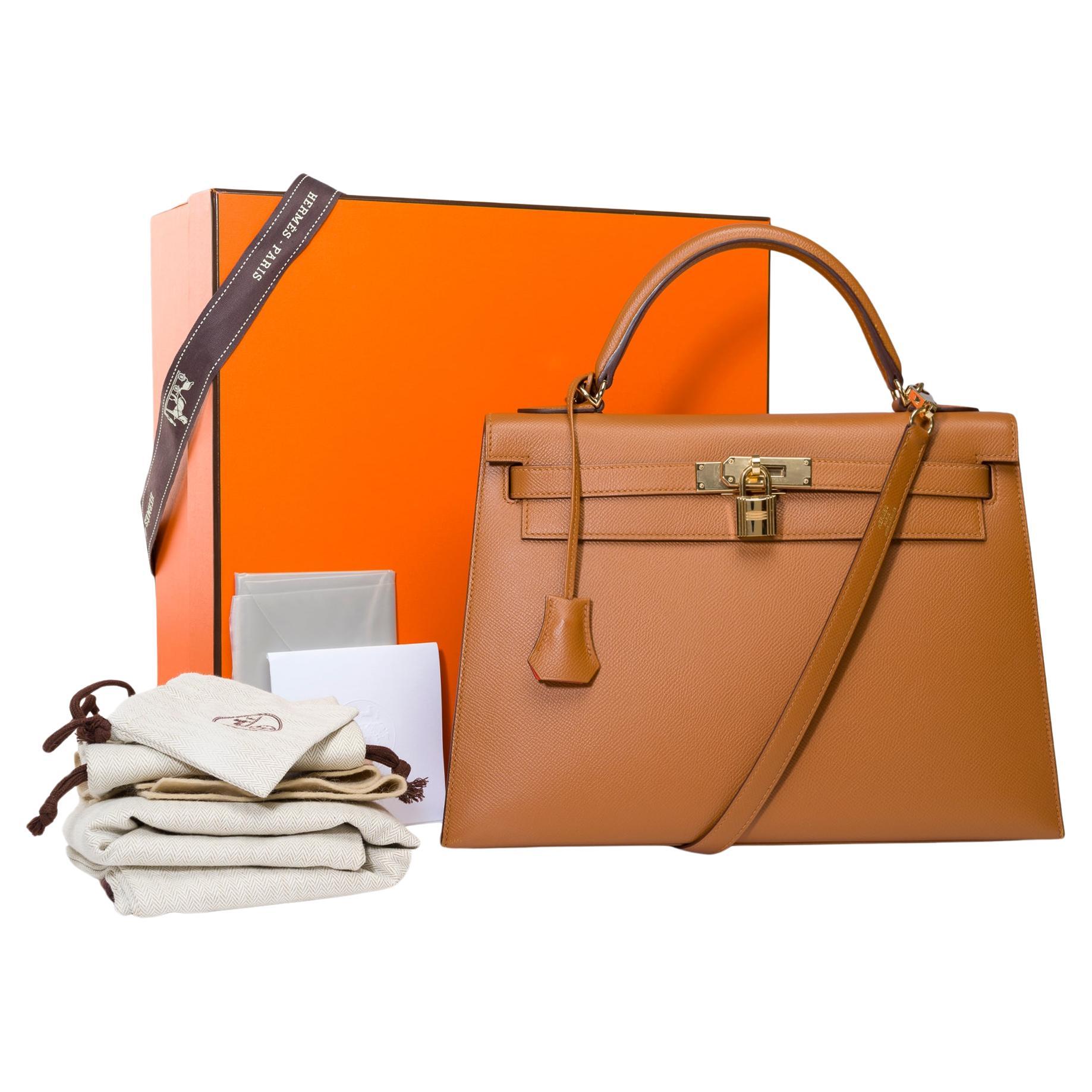 Lanière de sac à main Hermès Kelly 32 sellier (HSO) en cuir d'Epsom camel et orange, GHW en vente