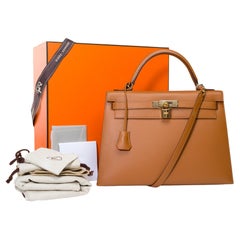 Lanière de sac à main Hermès Kelly 32 sellier (HSO) en cuir d'Epsom camel et orange, GHW