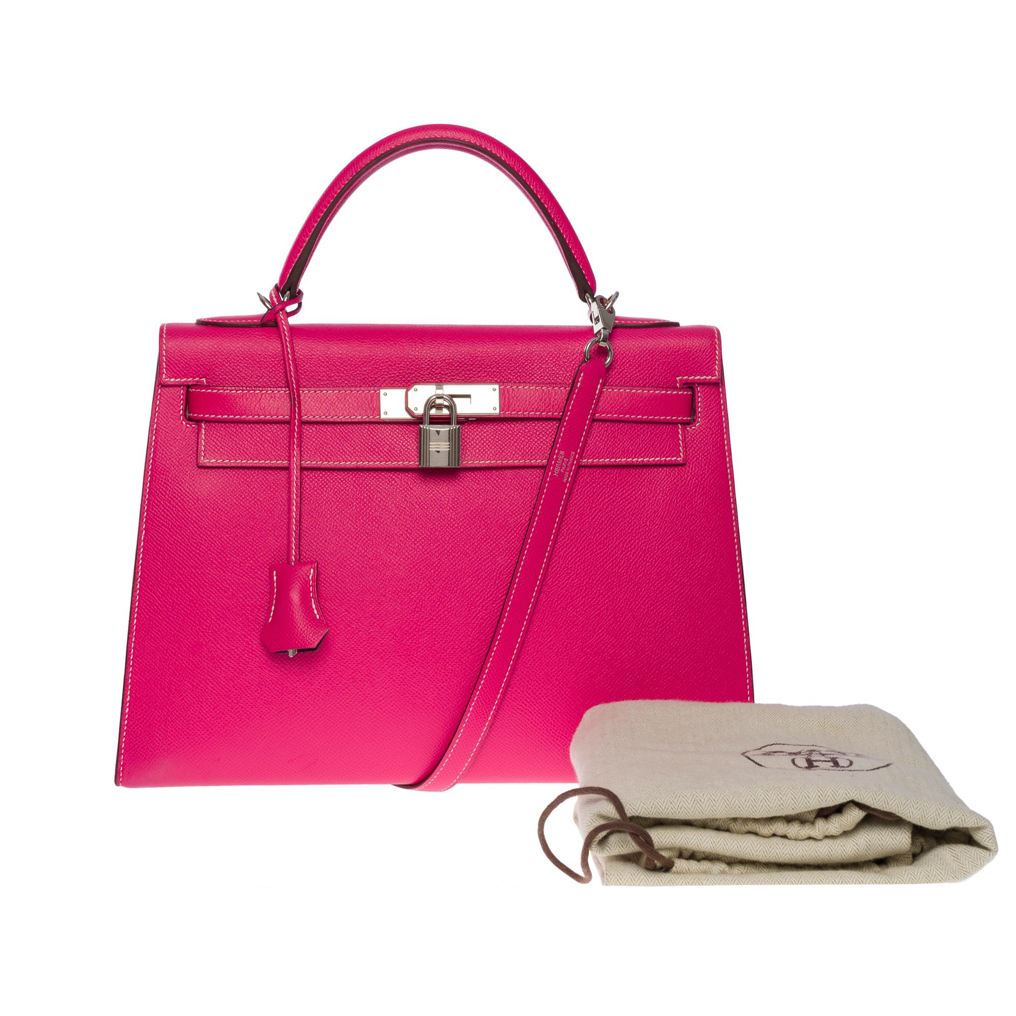 Special Order - Horse Shoe HSS

Exceptional & Unique Hermes Kelly 32 sellier handbag (Special Order - Horse Shoe HSS) in Rose Tyrien epsom leather & Interior Purple, Palladium silver metal hardware, Pink leather handle, removable shoulder strap in