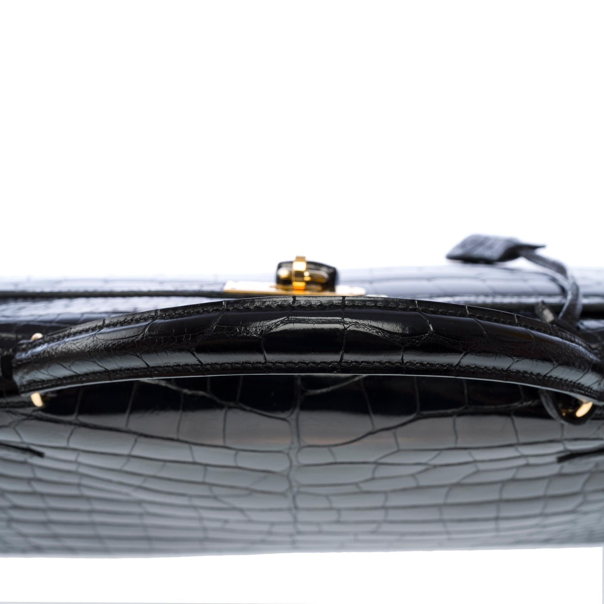 Hermès Kelly 32 sellier handbag strap in Black Alligator Mississippiensis, GHW For Sale 7