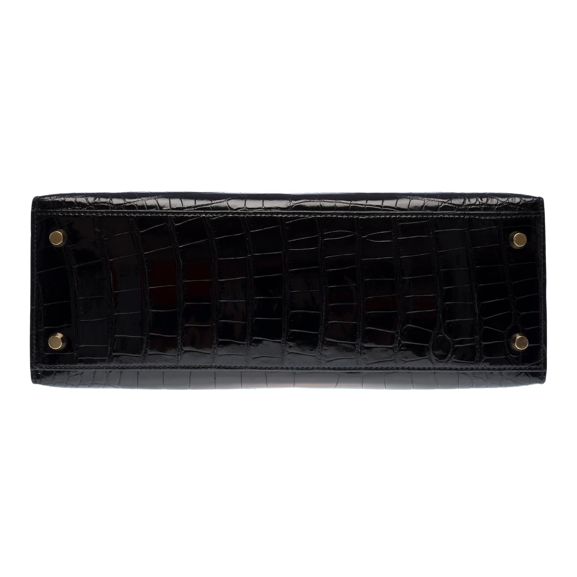 Hermès Kelly 32 sellier handbag strap in Black Alligator Mississippiensis, GHW For Sale 8
