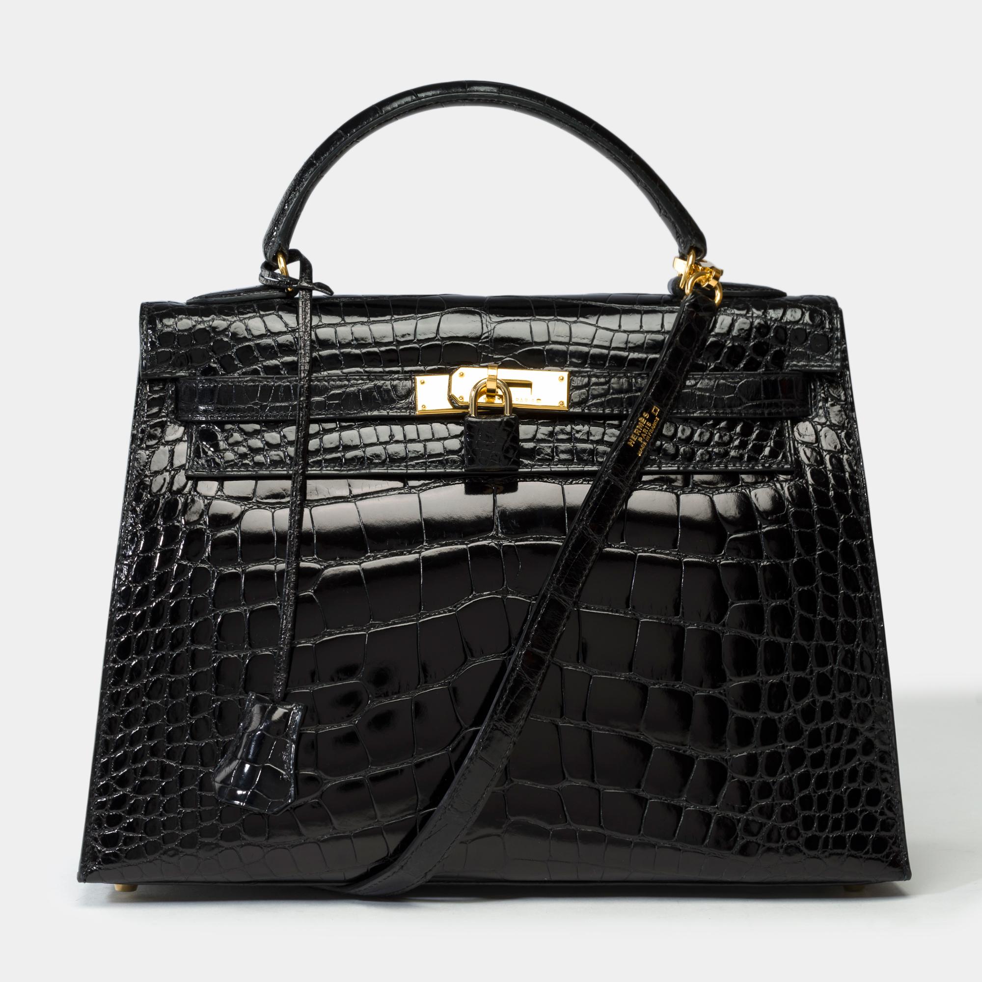 Hermès Kelly 32 sellier handbag strap in Black Alligator Mississippiensis, GHW In Good Condition For Sale In Paris, IDF