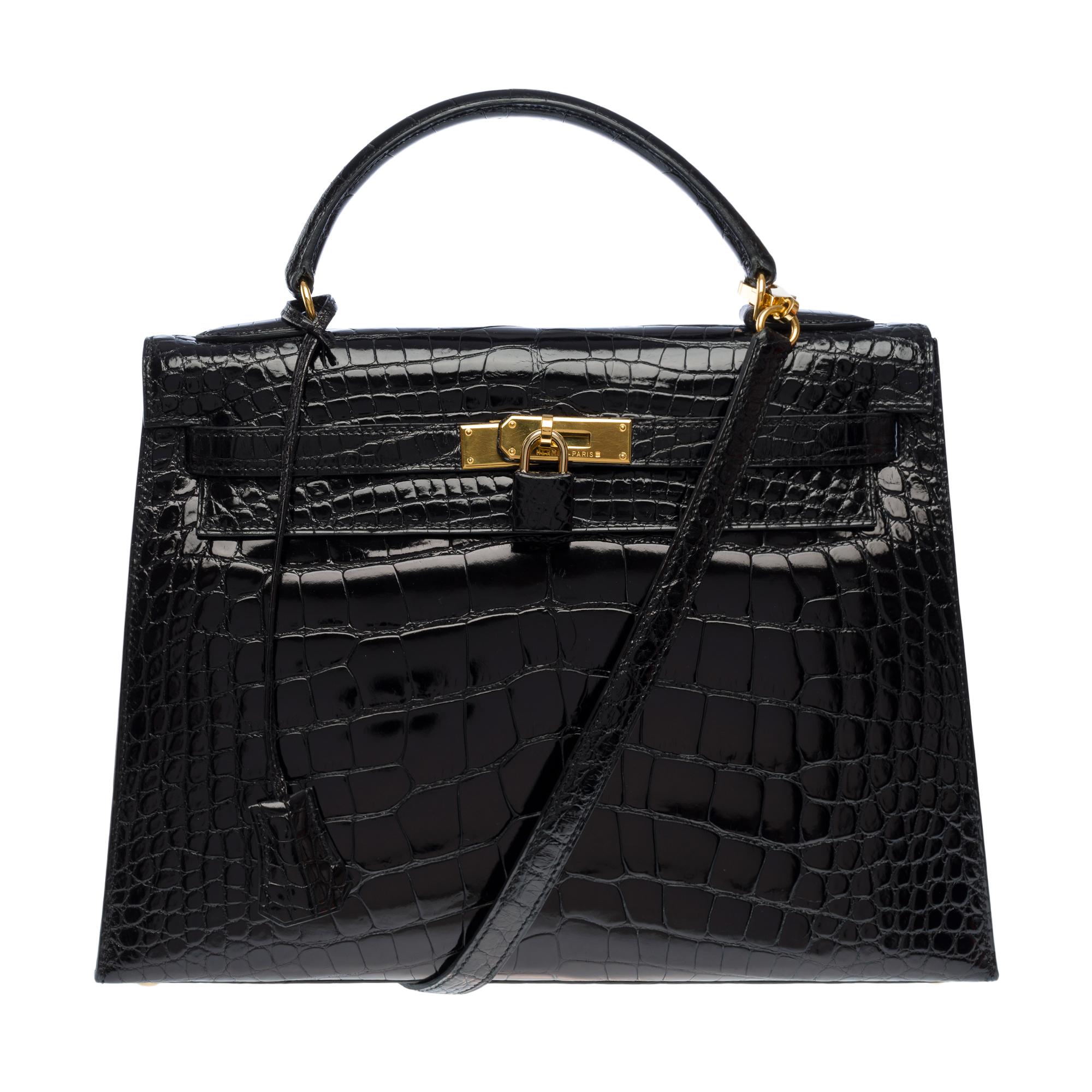 Women's Hermès Kelly 32 sellier handbag strap in Black Alligator Mississippiensis, GHW For Sale