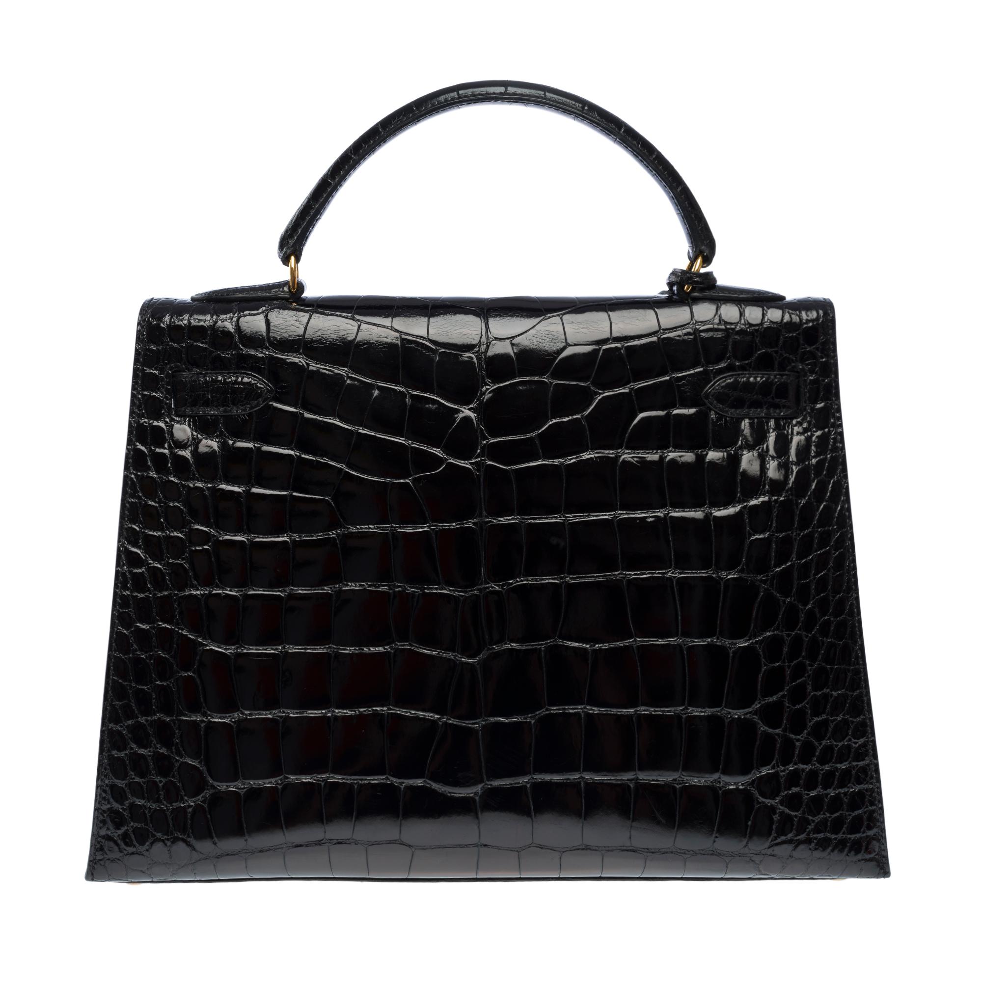 Hermès Kelly 32 sellier handbag strap in Black Alligator Mississippiensis, GHW For Sale 1