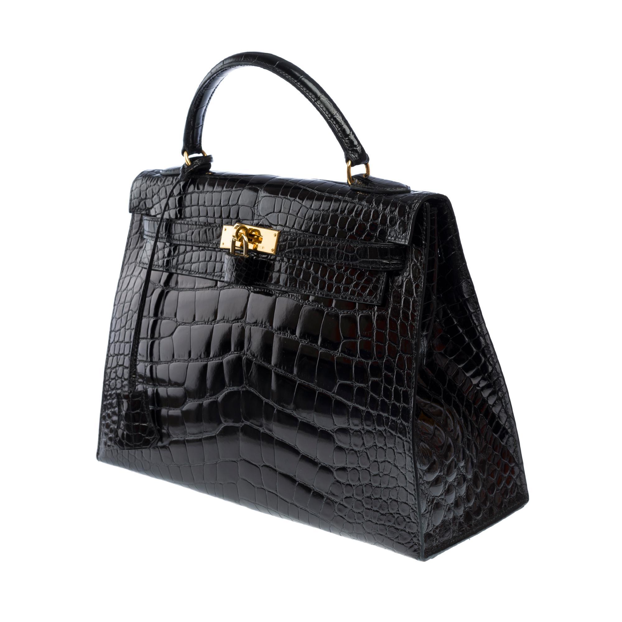 Hermès Kelly 32 sellier handbag strap in Black Alligator Mississippiensis, GHW For Sale 2