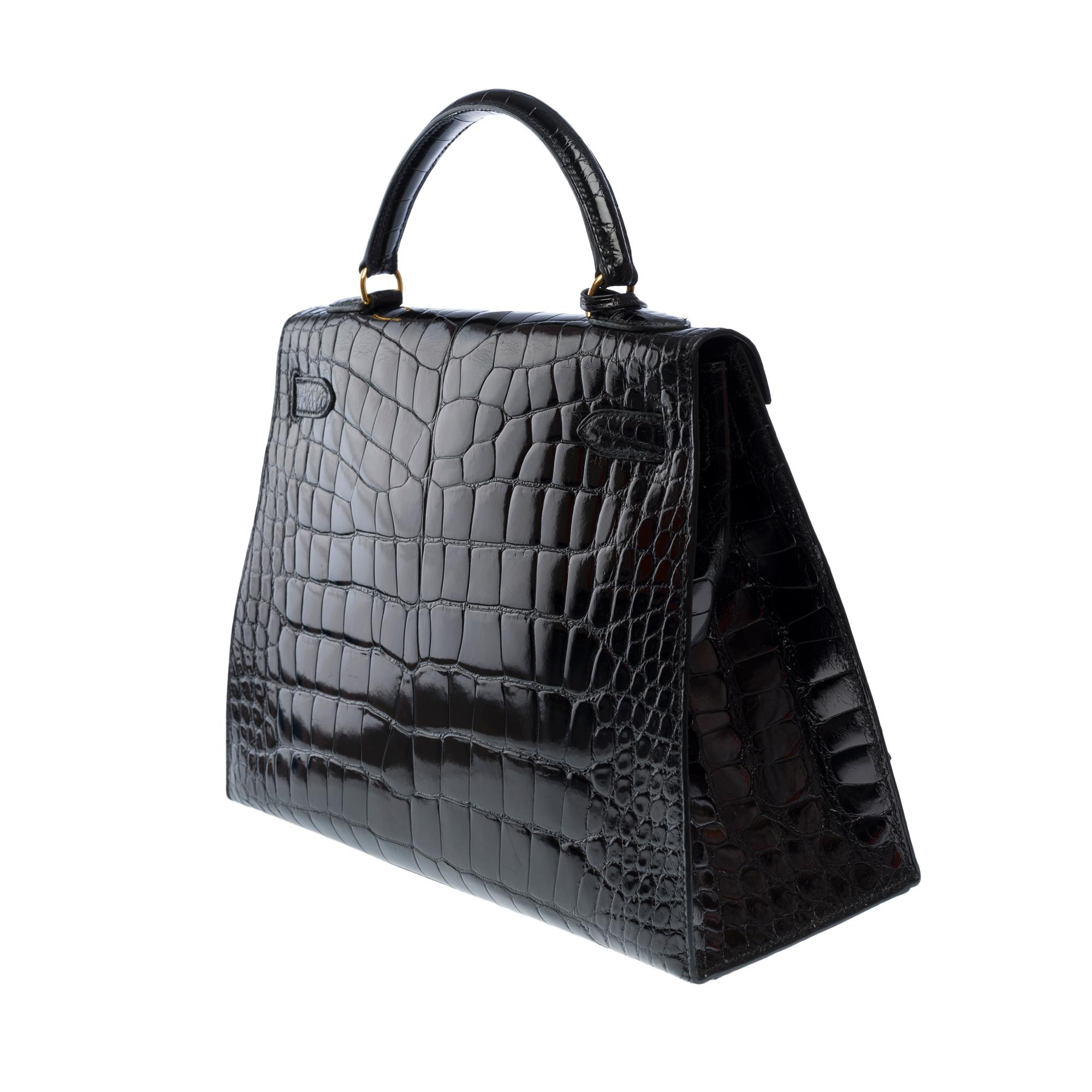 Hermès Kelly 32 sellier handbag strap in Black Alligator Mississippiensis, GHW For Sale 3