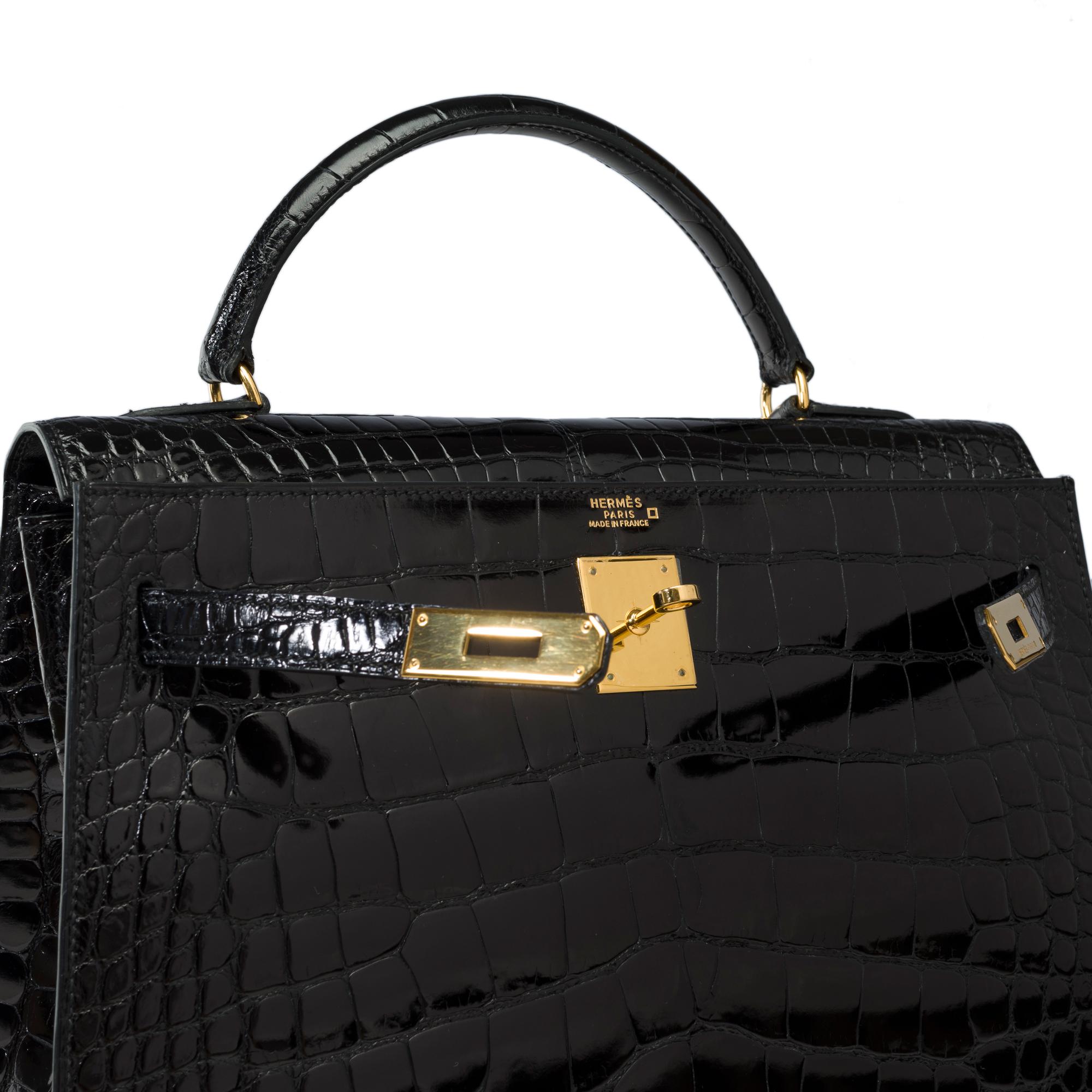 Hermès Kelly 32 sellier handbag strap in Black Alligator Mississippiensis, GHW For Sale 4