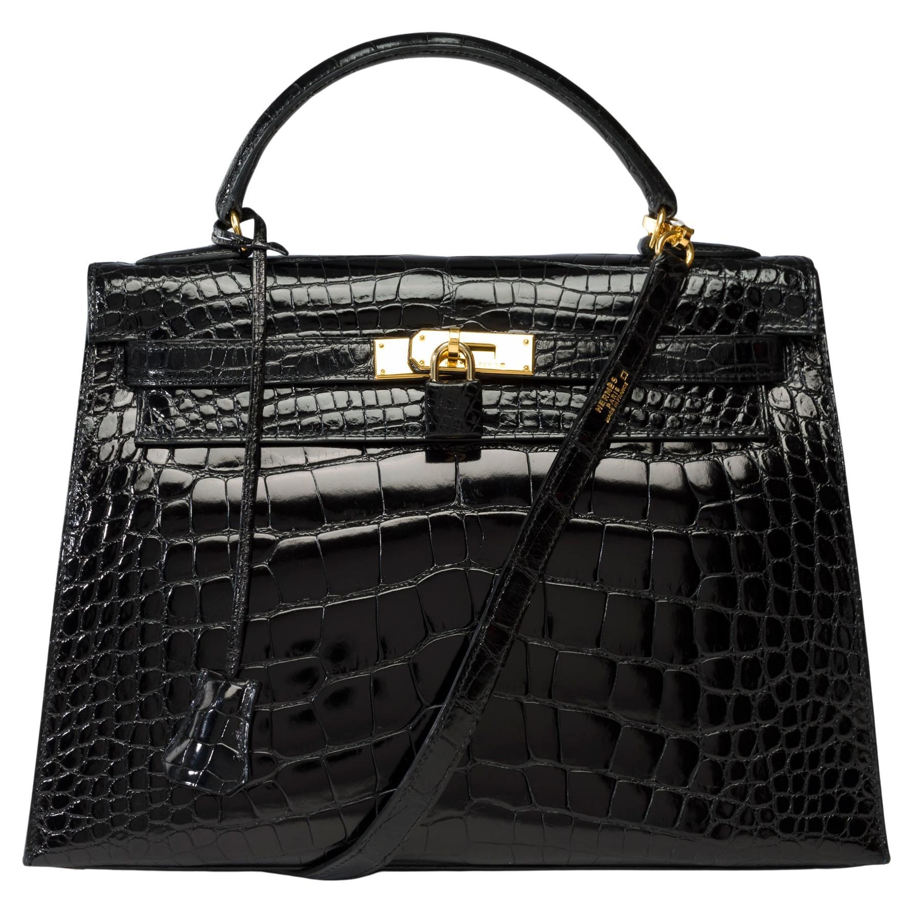 Hermès Kelly 32 sellier handbag strap in Black Alligator Mississippiensis, GHW For Sale