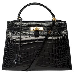 Vintage Hermès Kelly 32 sellier handbag strap in Black Alligator Mississippiensis, GHW