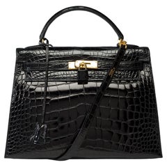 Tracolla per borsa Hermès Kelly 32 sellier in alligatore nero Mississippiensis, GHW