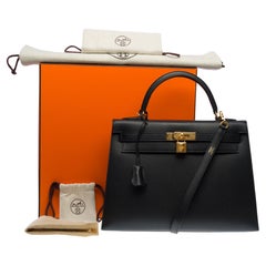 Tracolla per borsa Hermès Kelly 32 sellier in pelle di vitello Epsom nera, GHW