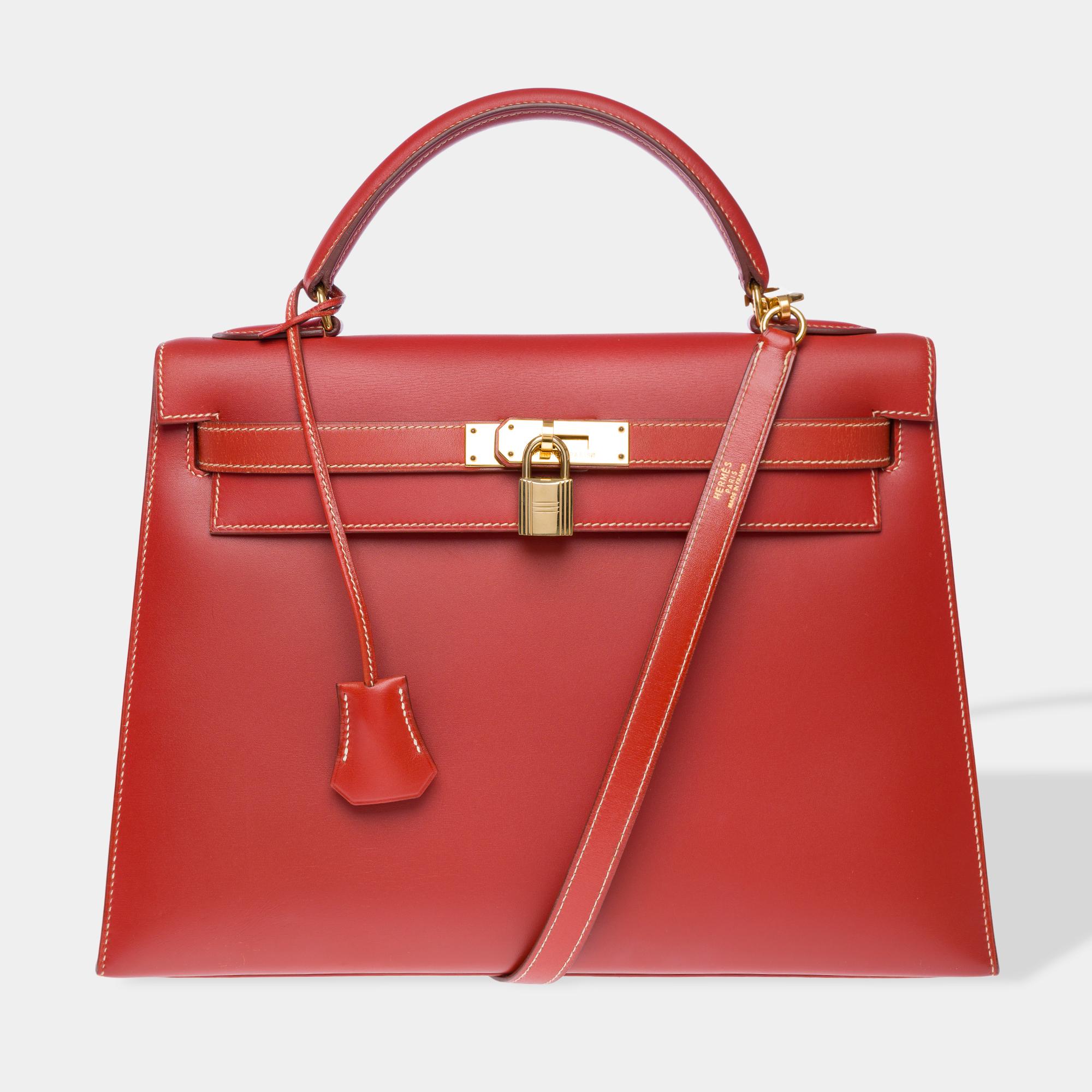Red Hermès Kelly 32 sellier handbag strap in rouge brique box calfskin leather, GHW