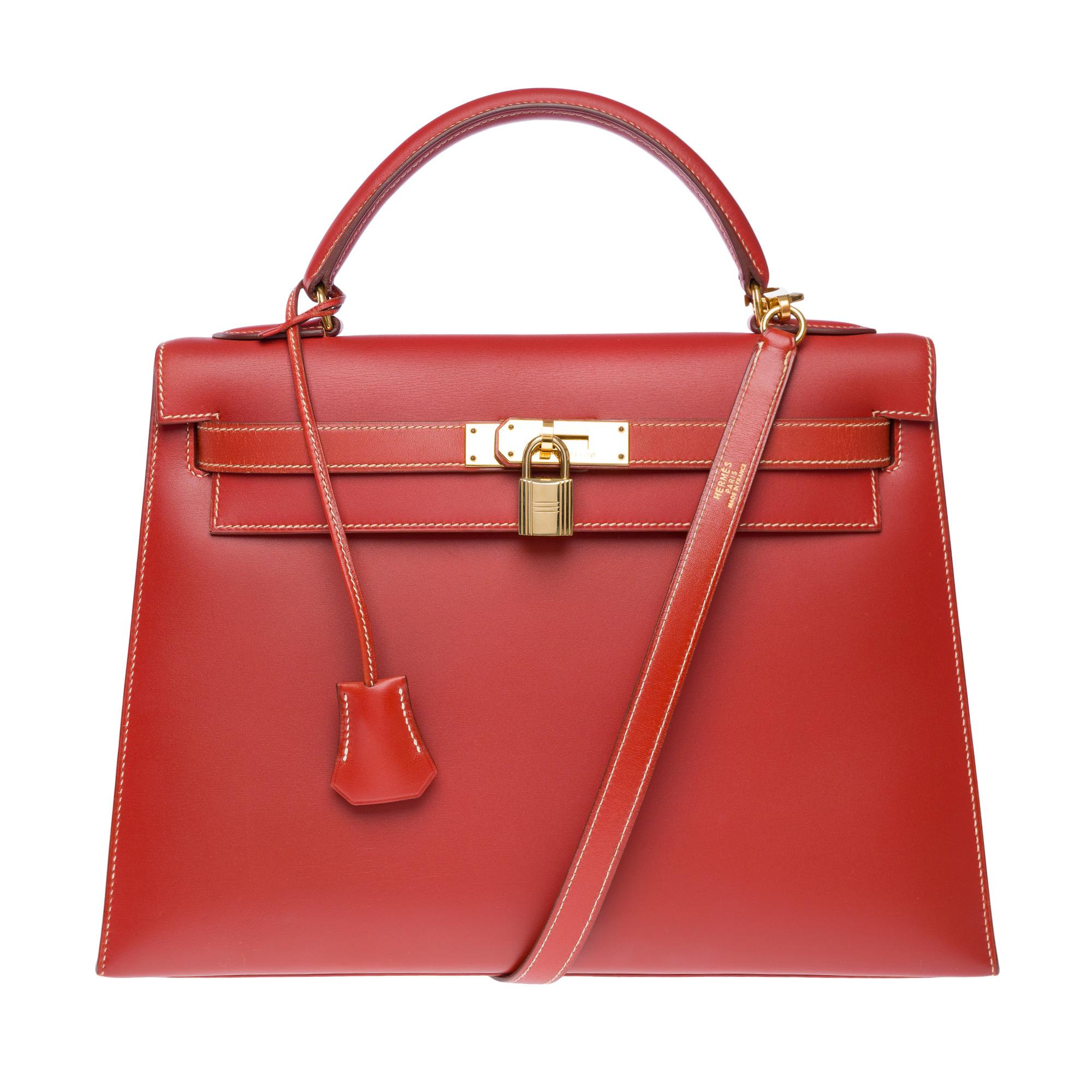 Hermès Kelly 32 sellier handbag strap in rouge brique box calfskin leather, GHW In Good Condition In Paris, IDF