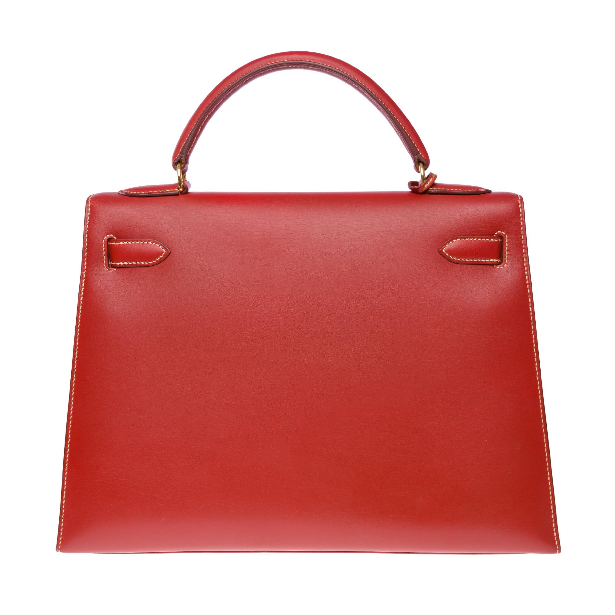 Women's Hermès Kelly 32 sellier handbag strap in rouge brique box calfskin leather, GHW