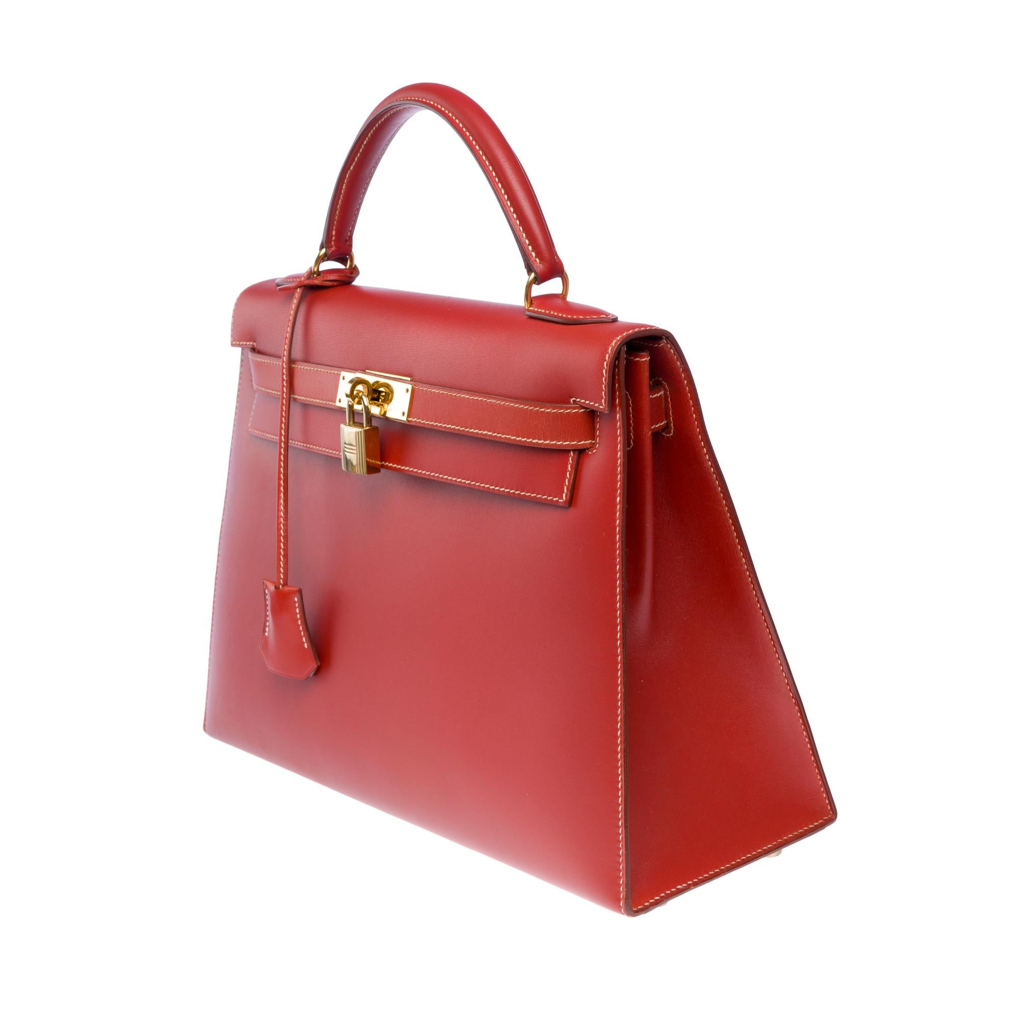 Hermès Kelly 32 sellier handbag strap in rouge brique box calfskin leather, GHW 1