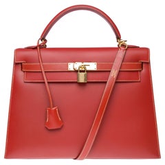Hermès Kelly 32 sellier handbag strap in rouge brique box calfskin leather, GHW