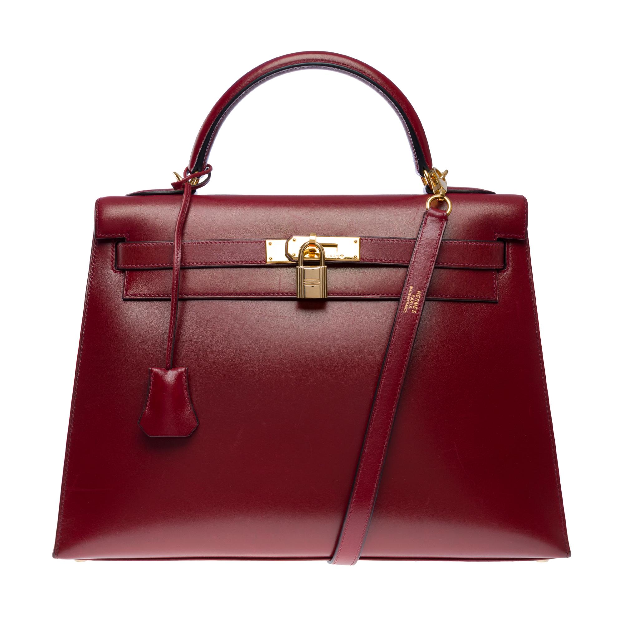 Orange Hermès Kelly 32 sellier handbag strap in Rouge H (Burgundy) box calfskin , GHW