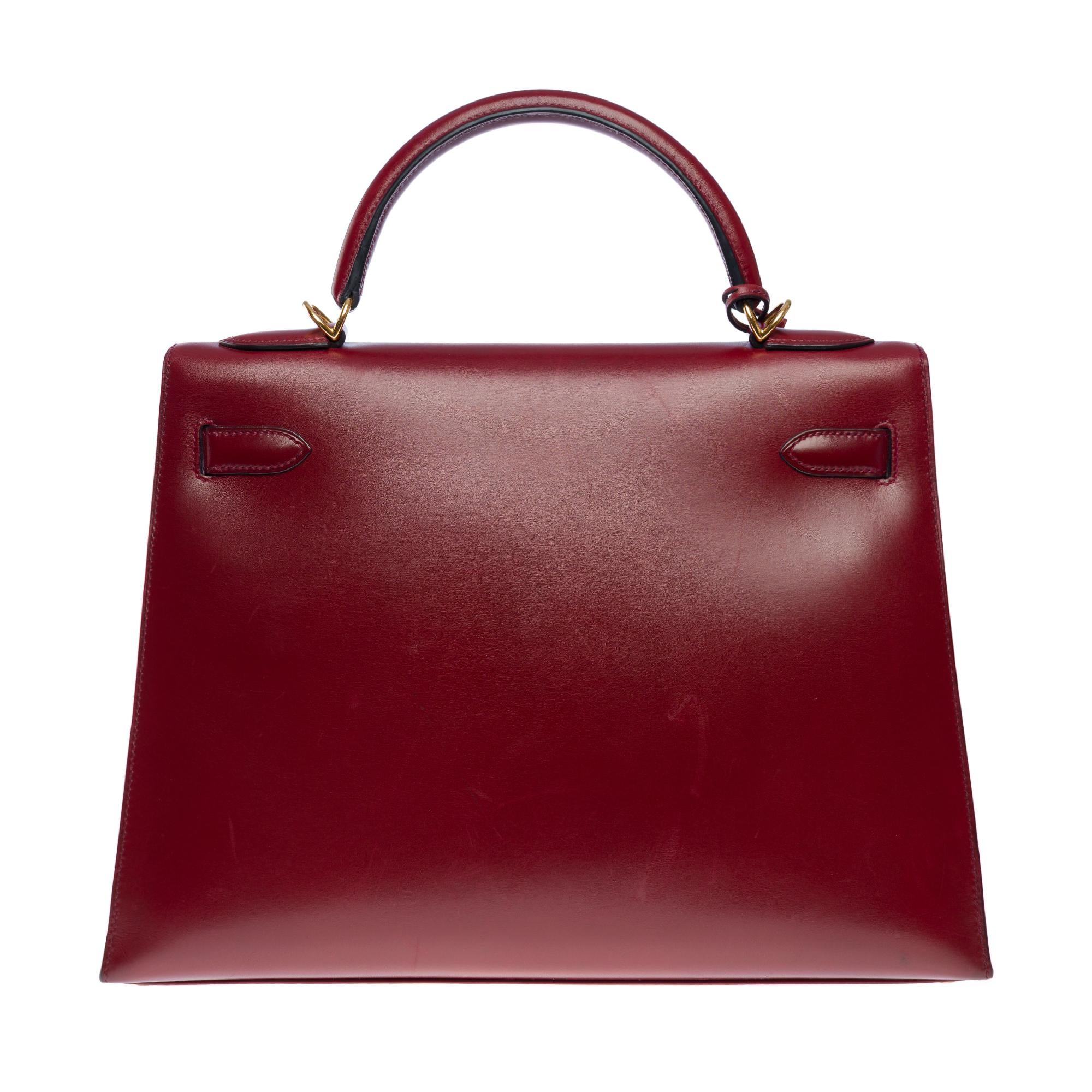 Hermès Kelly 32 sellier handbag strap in Rouge H (Burgundy) box calfskin , GHW In Good Condition In Paris, IDF