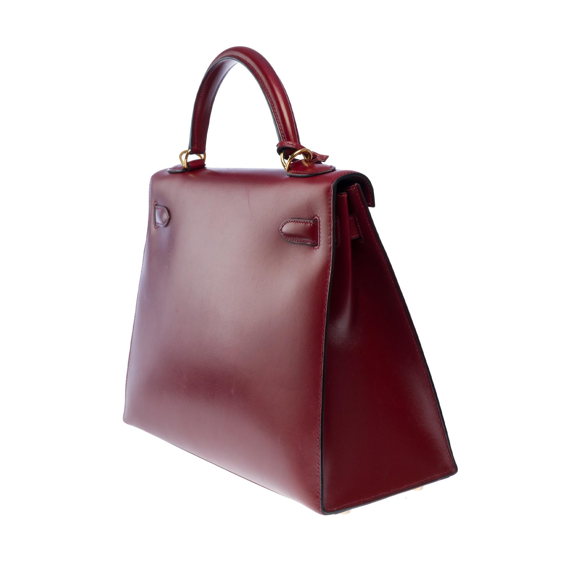 Hermès Kelly 32 sellier handbag strap in Rouge H (Burgundy) box calfskin , GHW 1