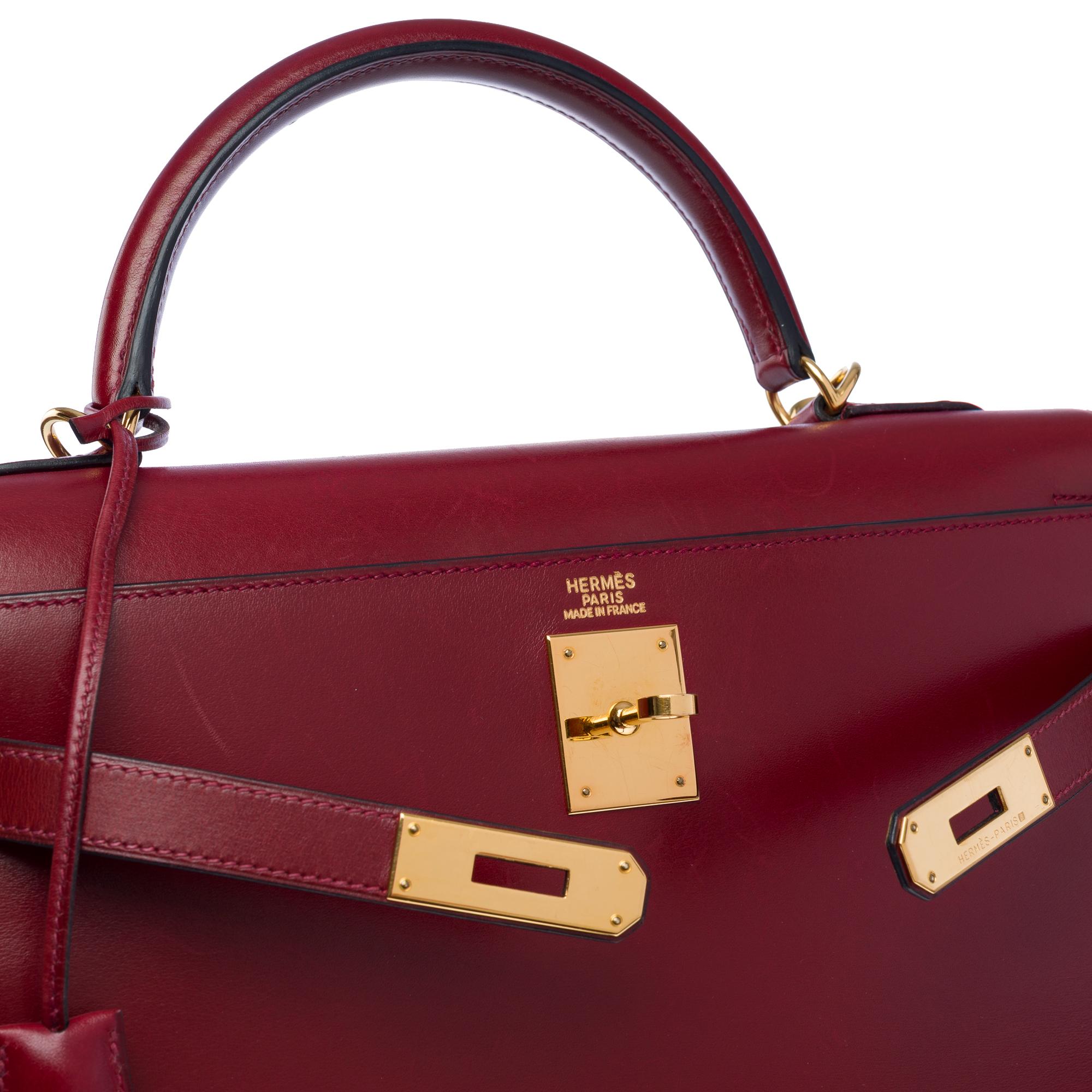 Hermès Kelly 32 sellier handbag strap in Rouge H (Burgundy) box calfskin , GHW 2