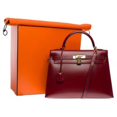 Hermès Kelly 32 sellier handbag strap in Rouge H (Burgundy) box calfskin , GHW