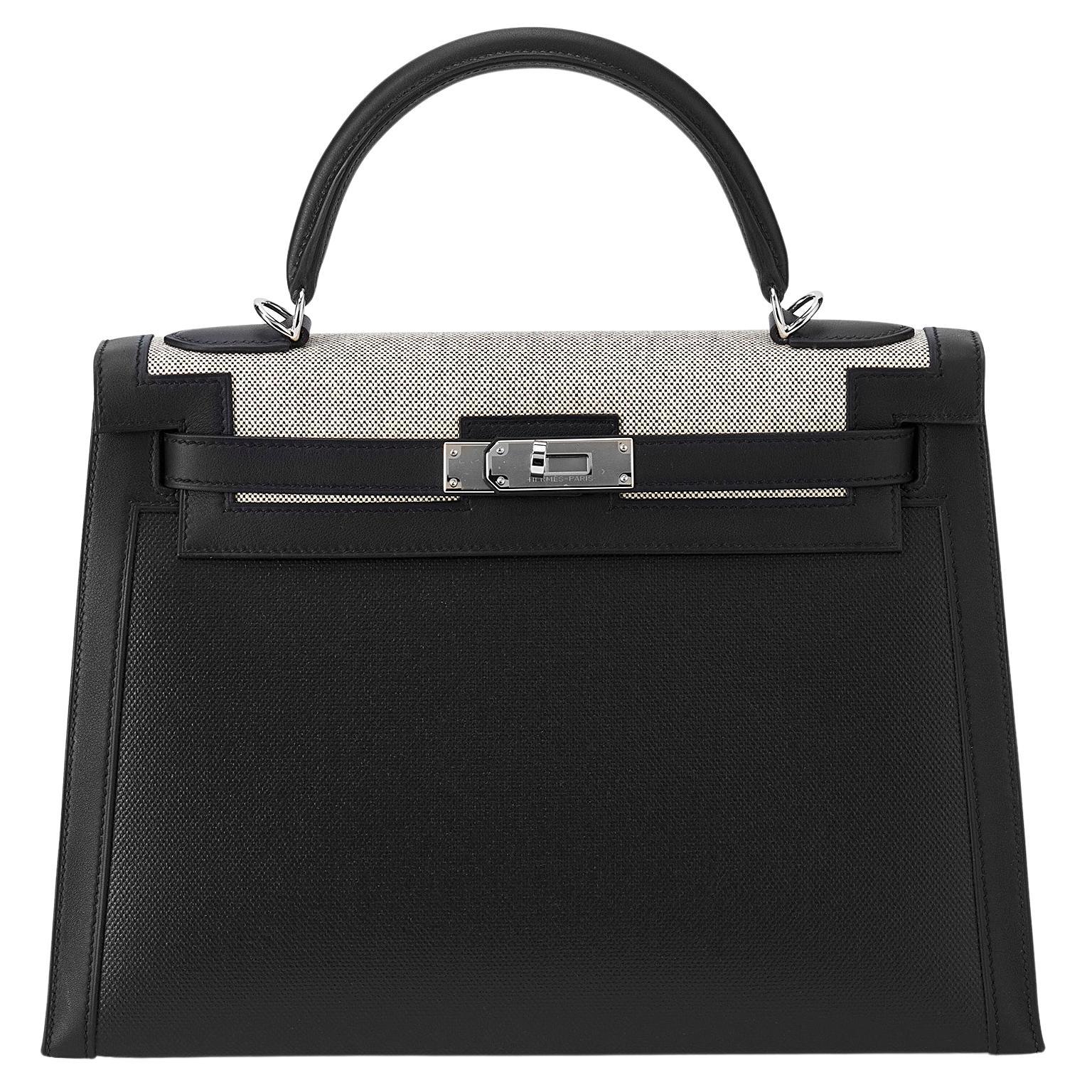 Hermès Kelly 32 Sellier Noir Berline Toile Palladium Hardware