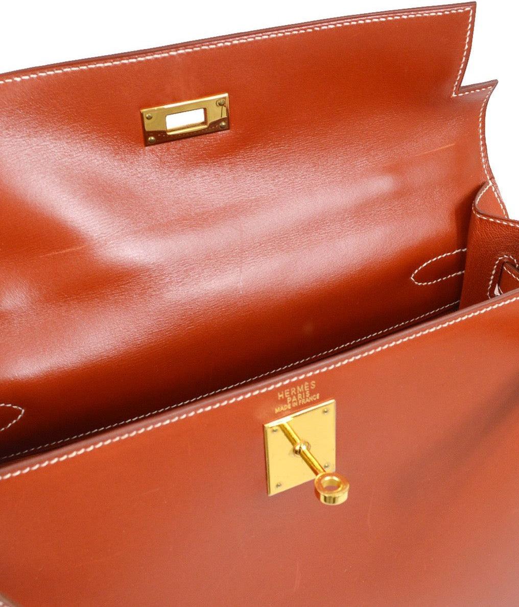 HERMES Kelly 32 Sellier Red Brique Box Gold Top Handle Shoulder Tote Bag In Good Condition In Chicago, IL