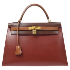 HERMES Kelly 32 Sellier Red Cognac Brown Multi Color Top Handle Shoulder Bag