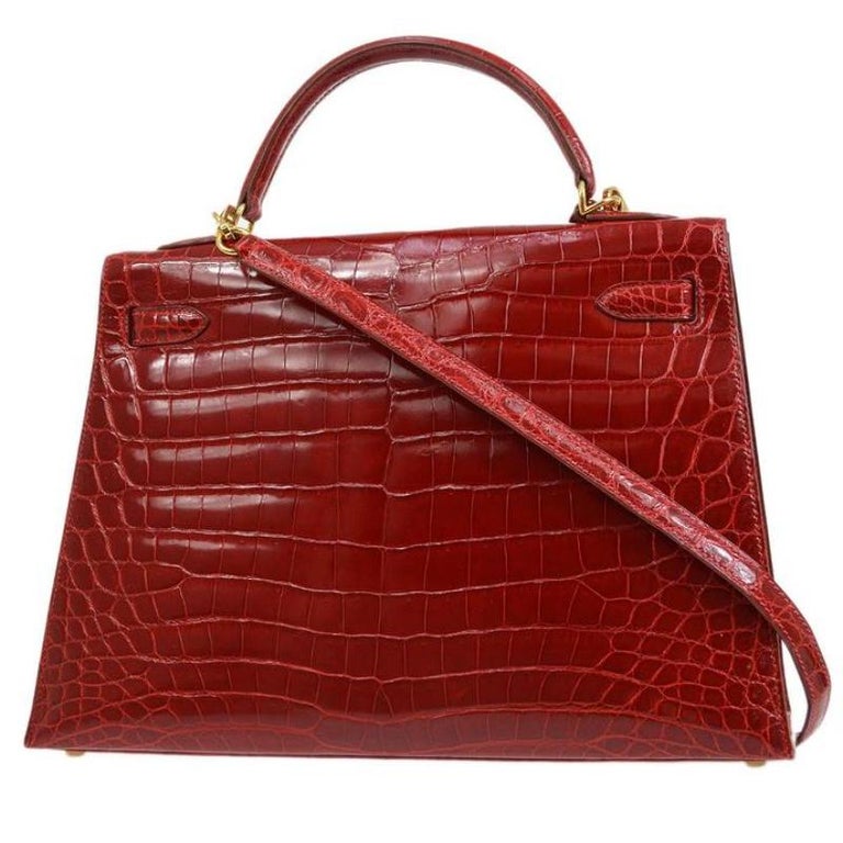 HERMES Kelly 32 Sellier Red Crocodile Exotic Leather Top Handle Shoulder Bag  For Sale at 1stDibs