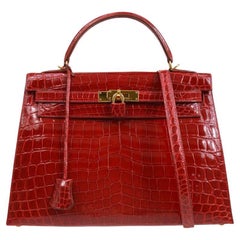 HERMES Kelly 32 Sellier Red Crocodile Exotic Leather Top Handle Shoulder Bag