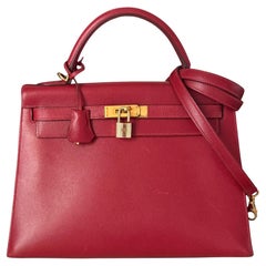 Hermes Kelly 32 Sellier Rouge Vif Red Courchevel Leather Gold HW 2003