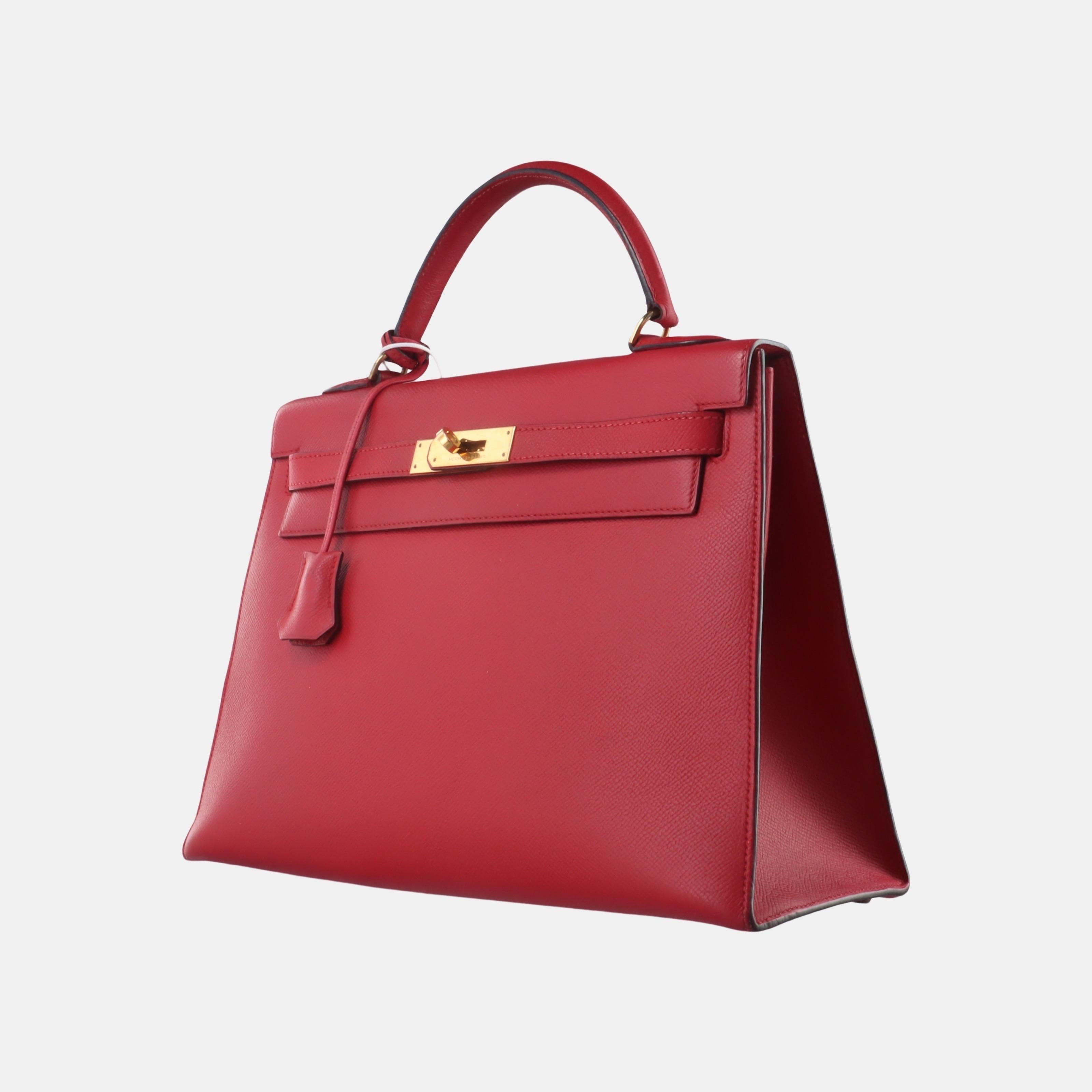 Hermes Kelly 32 Sellier Red Epsom Leather Gold HW Circle S Stamp 1989 In Good Condition In AUBERVILLIERS, FR