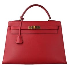 Hermes Kelly 32 Sellier Red Epsom Leather Gold HW Circle S Stamp 1989