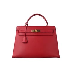 Hermes Kelly 32 Sellier Red Epsom Leather Gold HW Circle S Stamp 1989