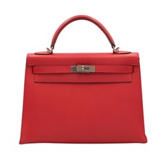 Hermes Kelly 32 Sellier Rouge Epsom with Palladium Hardware