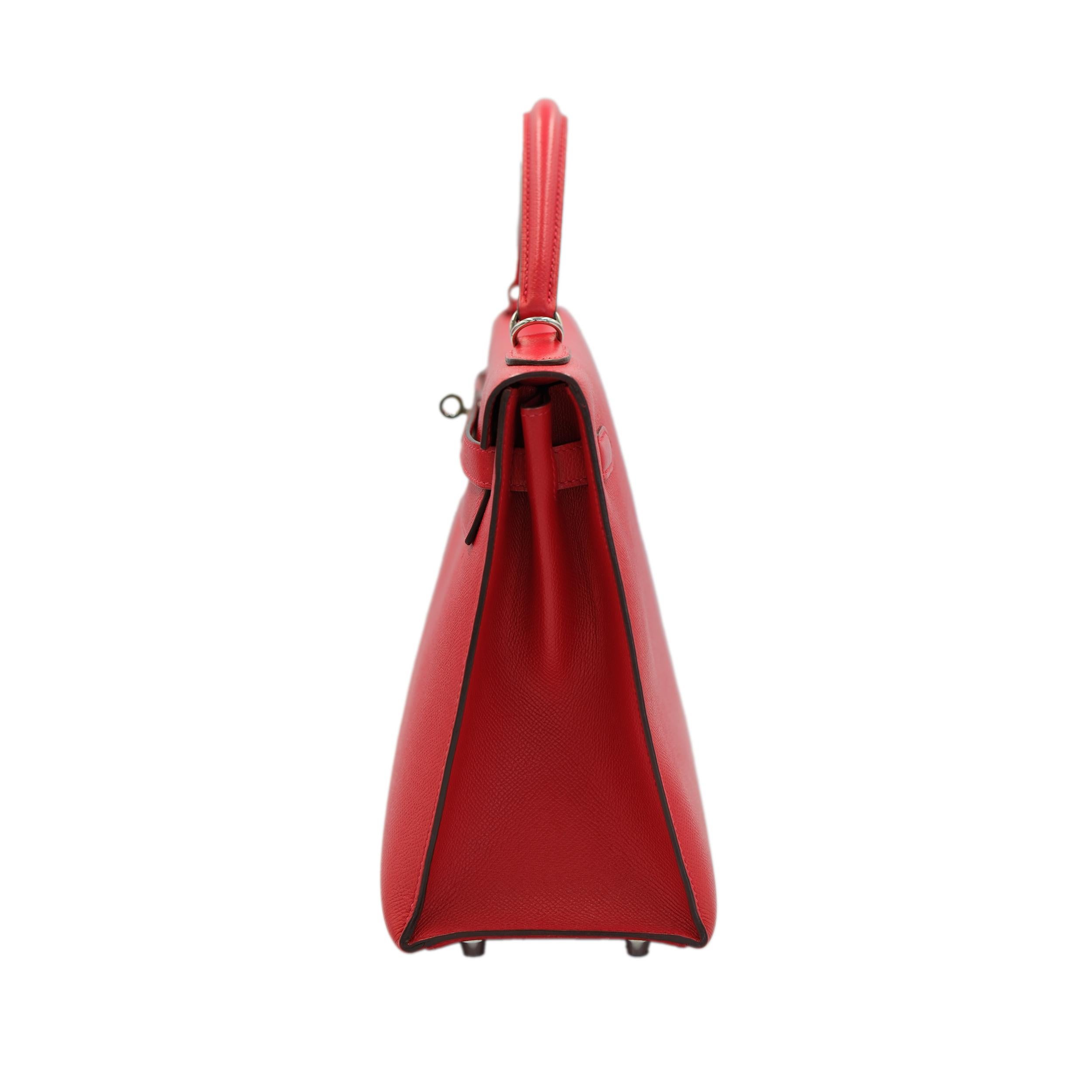 Hermes Kelly 32 Sellier Rouge Epsom avec quincaillerie en Palladium en vente 1