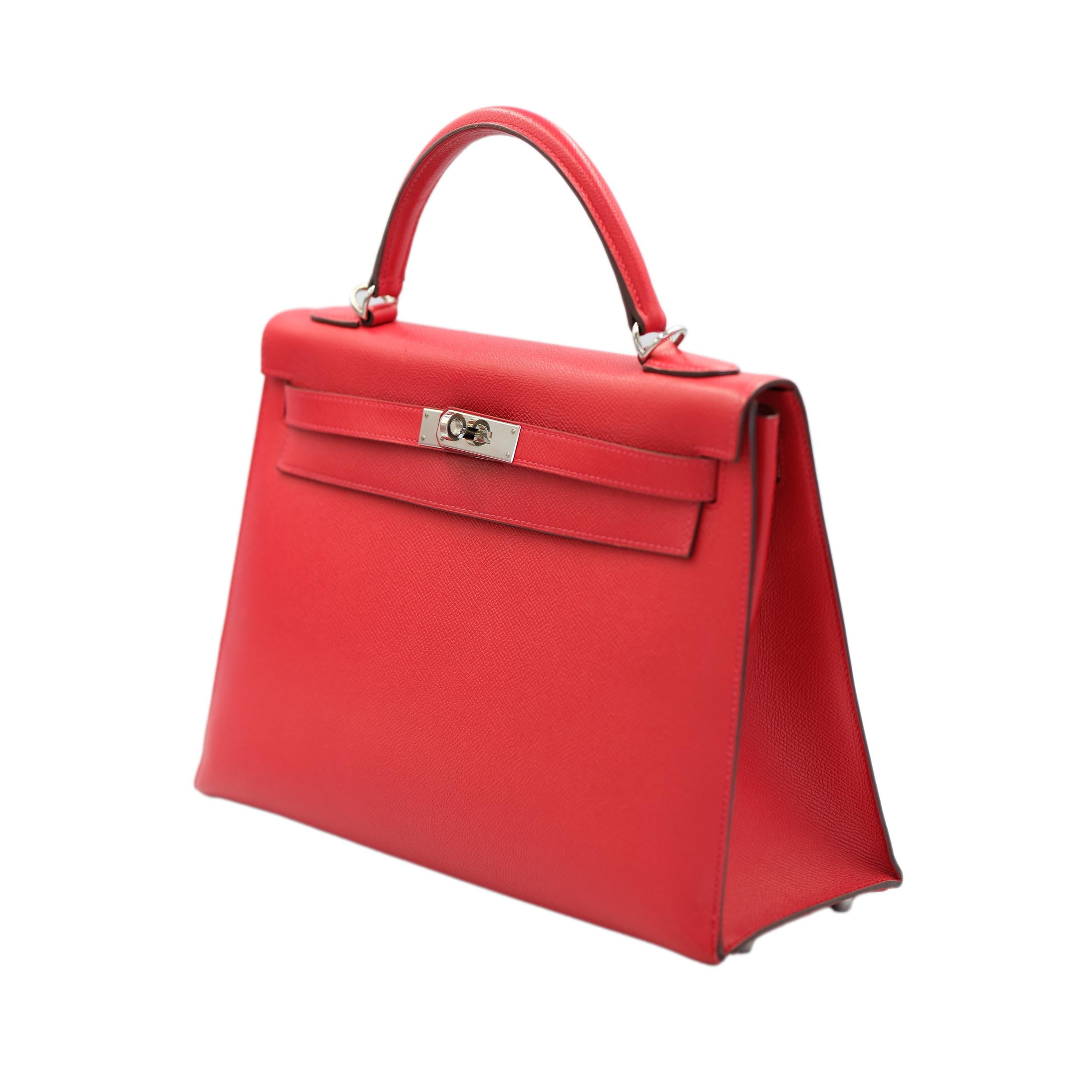 Hermes Kelly 32 Sellier Rouge Epsom avec quincaillerie en Palladium en vente 2