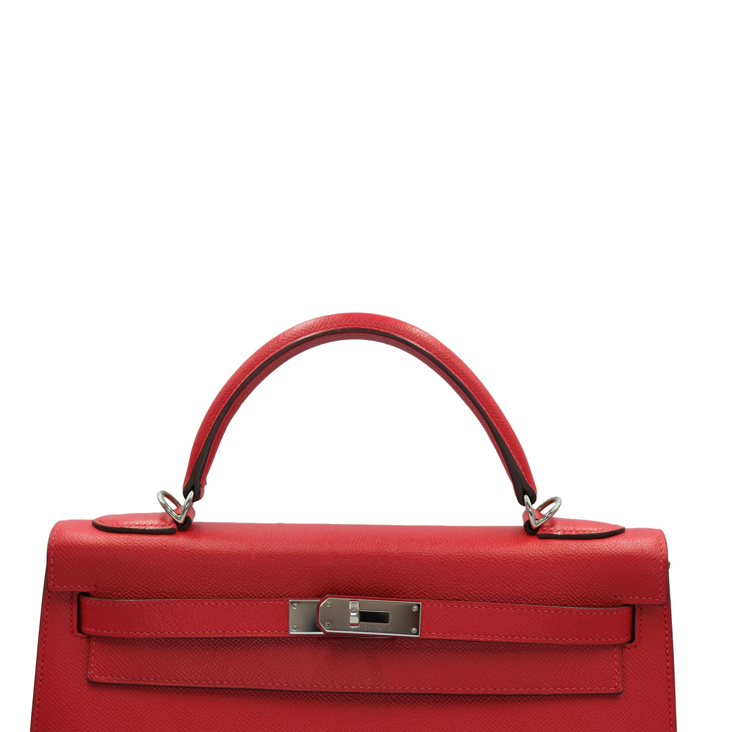 Hermes Kelly 32 Sellier Rouge Epsom avec quincaillerie en Palladium en vente 5