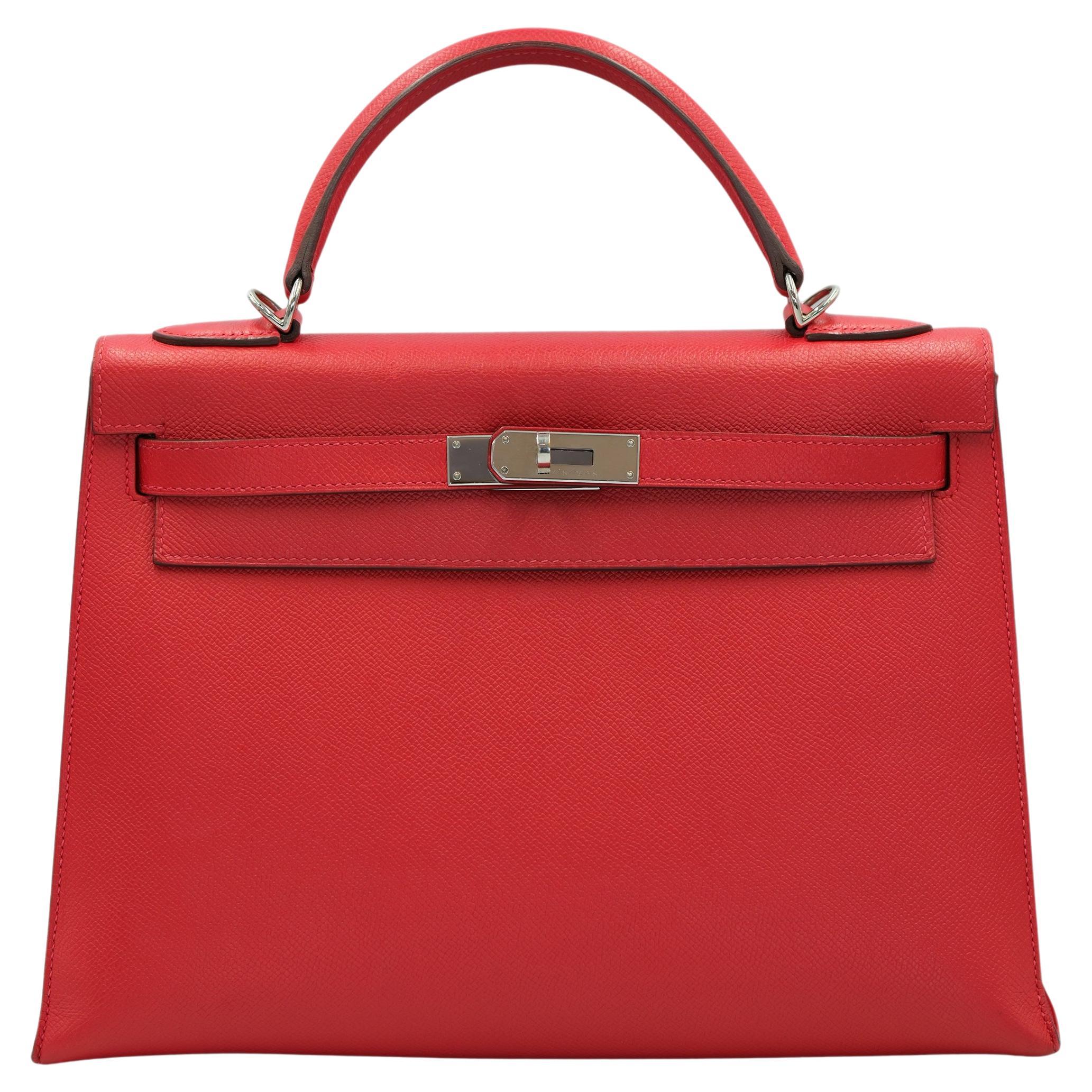 Hermes Kelly 32 Sellier Rouge Epsom avec quincaillerie en Palladium en vente